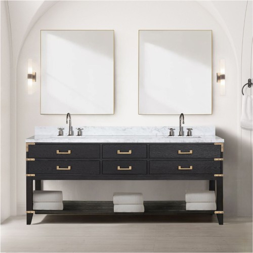 Lexora - Norwalk 80" W x 22" D Black Oak Double Bath Vanity, Carrara Marble Top, Faucet Set, and 36 in Mirrors - LVN80DJ111