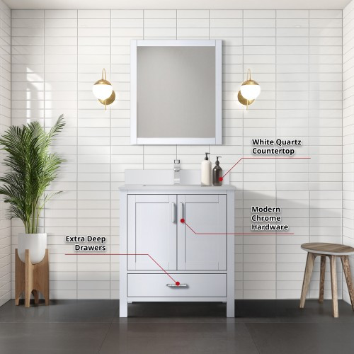 Lexora - Jacques 30" W x 22" D White Bath Vanity, White Quartz Top, Faucet Set, and 28 in. Mirror - LJ342230SAWQM28F