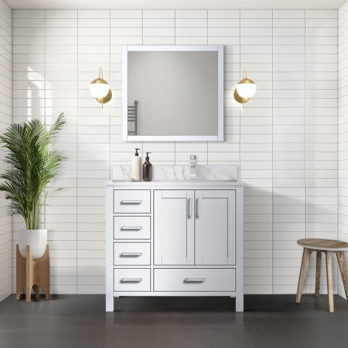 Lexora - Jacques 36" W x 22" D Right Offset White Bath Vanity, Carrara Marble Top, and 34 in. Mirrors - LJ342236SADSM34R
