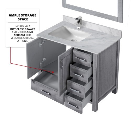 Lexora - Jacques 36" W x 22" D Left Offset Distressed Grey Bath Vanity, Carrara Marble Top, Faucet Set, and 34 in. Mirrors - LJ342236SDDSM34FL