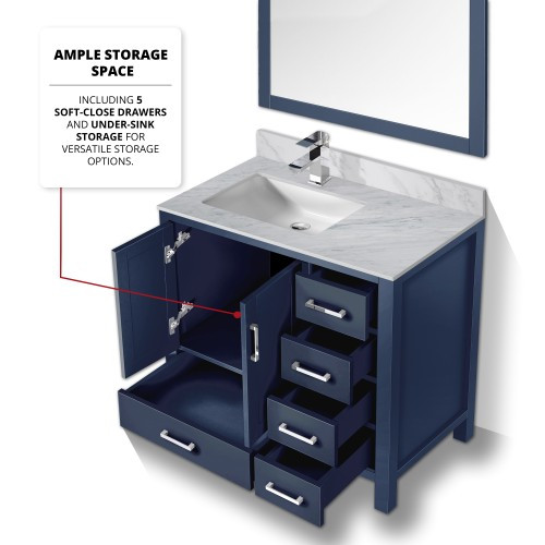 Lexora - Jacques 36" W x 22" D Left Offset Navy Blue Bath Vanity, Carrara Marble Top, Faucet Set, and 34 in. Mirrors - LJ342236SEDSM34FL
