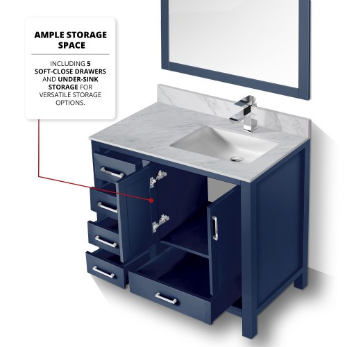 Lexora - Jacques 36" W x 22" D Right Offset Navy Blue Bath Vanity, Carrara Marble Top, Faucet Set, and 34 in. Mirrors - LJ342236SEDSM34FR