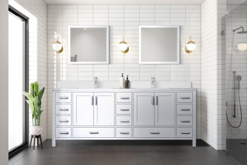Lexora - Jacques 84" W x 22" D White Double Bath Vanity, White Quartz Top, Faucet Set, and 34 in. Mirrors - LJ342284DAWQM34F