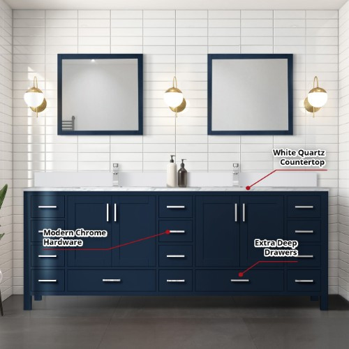 Lexora - Jacques 84" W x 22" D Navy Blue Double Bath Vanity, White Quartz Top, Faucet Set, and 34 in. Mirrors - LJ342284DEWQM34F