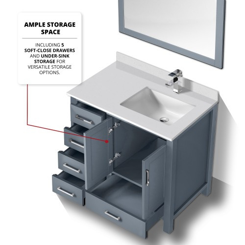 Lexora - Jacques 36" W x 22" D Right Offset Dark Grey Bath Vanity, Cultured Marble Top, Faucet Set, and 34 in. Mirror - LVJ36SB311R