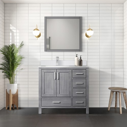 Lexora - Jacques 36" W x 22" D Left Offset Distressed Grey Bath Vanity, White Quartz Top, and Faucet Set - LVJ36SD201L