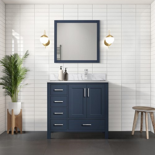 Lexora - Jacques 36" W x 22" D Right Offset Navy Blue Bath Vanity, Carrara Marble Top, and Faucet Set - LVJ36SE101R