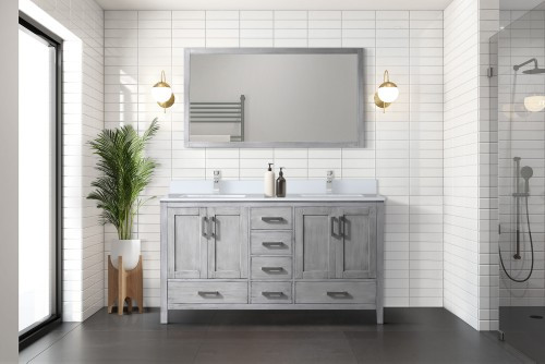 Lexora - Jacques 60" W x 22" D Distressed Grey Double Bath Vanity, White Quartz Top, and Faucet Set - LVJ60DD201