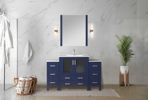 Lexora - Volez 54" W x 18.25" D Navy Blue Bath Vanity with Side Cabinets, White Ceramic Top, and 28 in Mirror - LV341854SEESM28