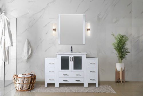 Lexora - Volez 54" W x 18.25" D White Single Bath Vanity with Side Cabinets, White Ceramic Top, and 28 in Mirror - LVV54S30A610