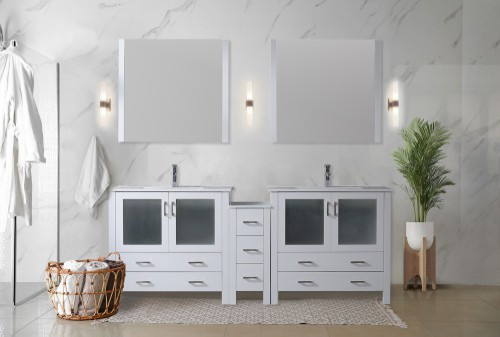 Lexora - Volez 84" W x 18.25" D White Double Bath Vanity with Side Cabinet, White Ceramic Top, and Faucet Set - LVV84D36A601