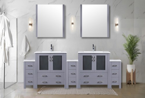 Lexora - Volez 96" W x 18.25" D Dark Grey Double Bath Vanity with Side Cabinets, White Ceramic Top, 28 in Mirrors, and Faucet Set - LVV96D30B611