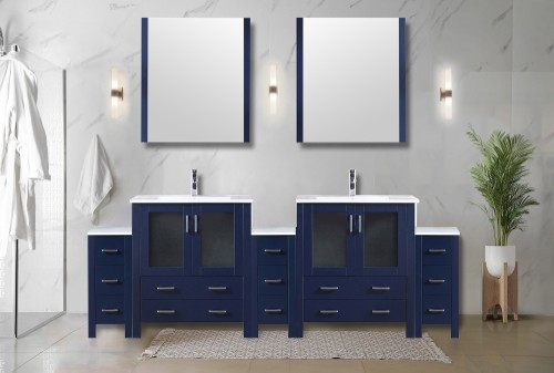 Lexora - Volez 96" W x 18.25" D Navy Blue Double Bath Vanity with Side Cabinets, White Ceramic Top, 28 in Mirrors, and Faucet Set - LVV96D30E611