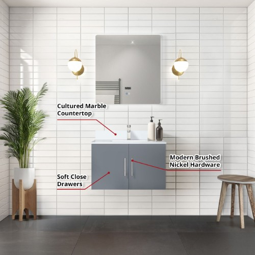 Lexora - Geneva 30" W x 22" D Dark Grey Bath Vanity, Cultured Marble Top, Faucet Set, and 30 in. LED Mirror - LVG30SB311