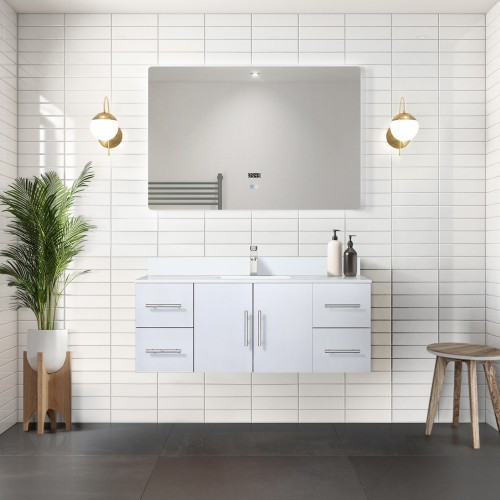 Lexora - Geneva 48" W x 22" D Glossy White Bath Vanity, White Quartz Top, and 48 in. LED Mirror - LVG48SM210