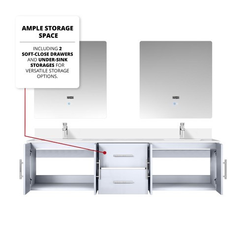 Lexora - Geneva 72" W x 22" D Glossy White Double Bath Vanity, White Quartz Top, Faucet Set, and 30 in. LED Mirrors - LVG72DM211