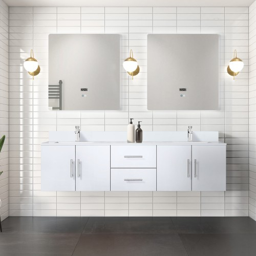 Lexora - Geneva 72" W x 22" D Glossy White Double Bath Vanity, Cultured Marble Top, and 30 in. LED Mirrors - LVG72DM310