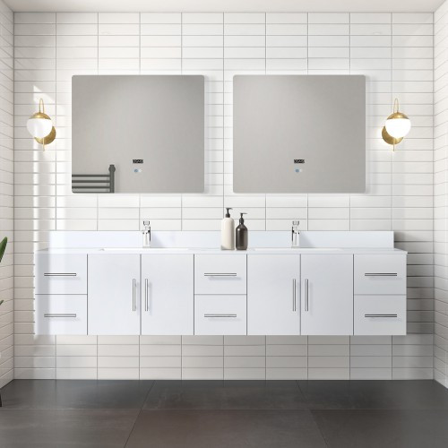 Lexora - Geneva 84" W x 22" D Glossy White Double Bath Vanity, White Quartz Top, and Faucet Set - LVG84DM201