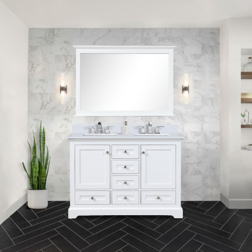 Lexora - Dukes 48" W x 22" D White Double Bath Vanity, White Quartz Top, and 46 in. Mirror - LD342248DAWQM46