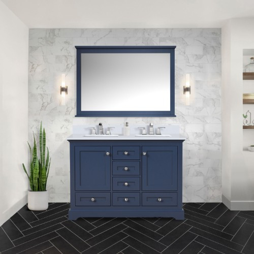 Lexora - Dukes 48" W x 22" D Navy Blue Double Bath Vanity, White Quartz Top, and 46 in. Mirror - LD342248DEWQM46