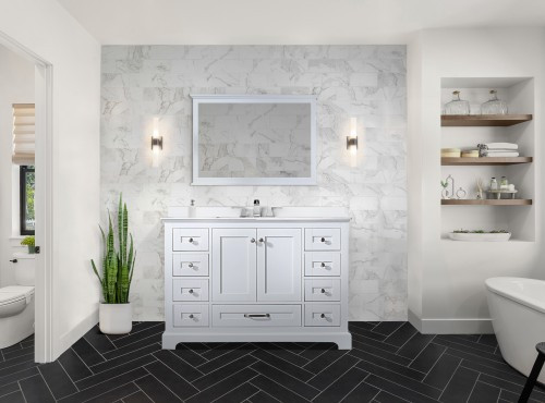 Lexora - Dukes 48" W x 22" D White Single Bath Vanity, White Quartz Top, Faucet Set, and 46 in. Mirror - LD342248SAWQM46F