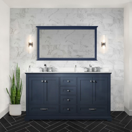 Lexora - Dukes 60" W x 22" D Navy Blue Double Bath Vanity, White Quartz Top, and 58 in. Mirror - LD342260DEWQM58