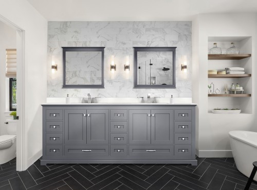 Lexora - Dukes 84" W x 22" D Dark Grey Double Bath Vanity, White Quartz Top, Faucet Set, and 34 in. Mirrors - LD342284DBWQM34F