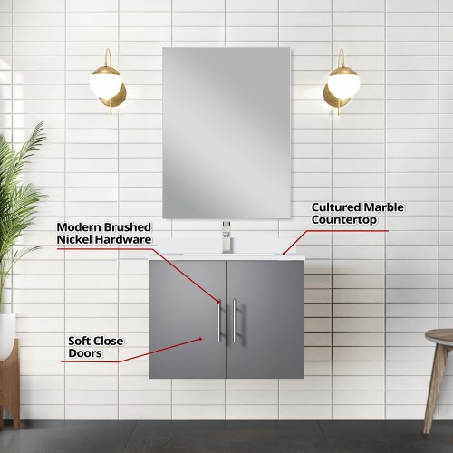 Lexora - Geneva 24" W x 22" D Dark Grey Single Bath Vanity Cultured Marble Countertop, 18 in Mirror and Faucet Set - LVG24SB311