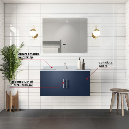 Lexora - Geneva 36" W x 22" D Navy Blue Bath Vanity, Cultured Marble Top, Faucet Set, and 36 in. LED Mirror - LVG36SE311