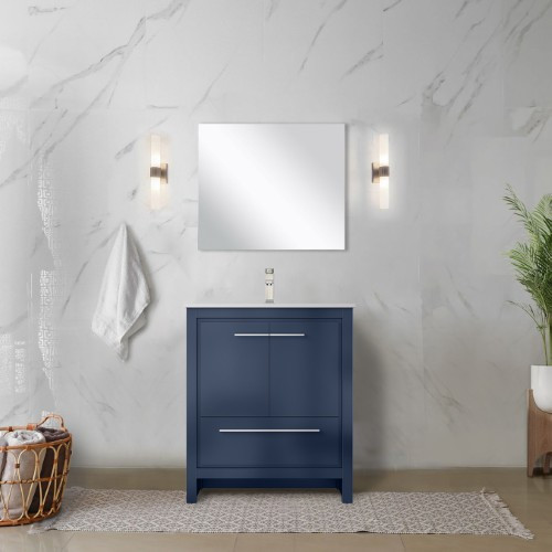Lexora - Lafarre 30" W x 20" D Navy Blue Bath Vanity, White Quartz Top and Brushed Nickel Faucet Set - LVLF30SNB202