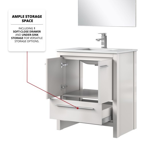 Lexora - Lafarre 30" W x 20" D White Bath Vanity, Cultured Marble Top, Gun Metal Faucet Set and 28 in Mirror - LVLF30SW311