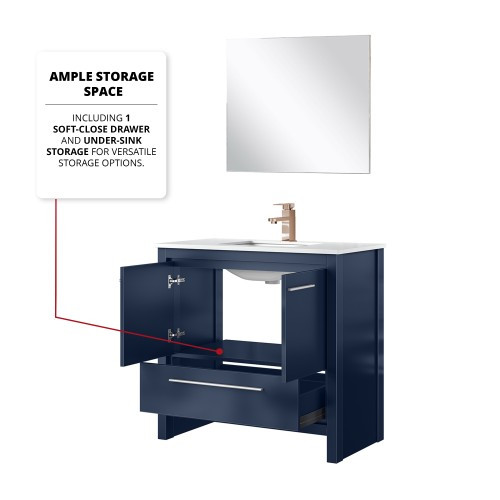 Lexora - Lafarre 36" W x 20" D Navy Blue Bath Vanity, White Quartz Top, Rose Gold Faucet Set and 28 in Mirror - LVLF36SNB214
