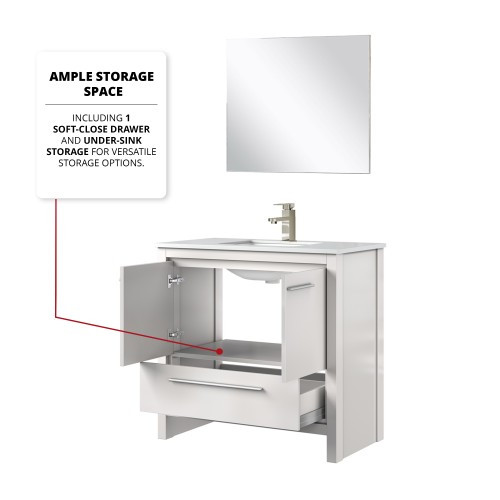 Lexora - Lafarre 36" W x 20" D White Bath Vanity, Cultured Marble Top, Brushed Nickel Faucet Set and 28 in Mirror - LVLF36SW312