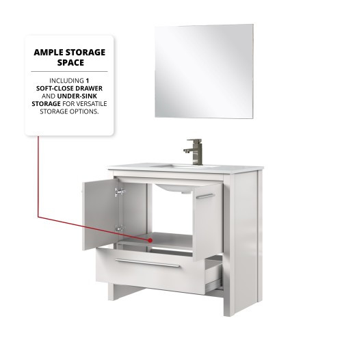 Lexora - Lafarre 36" W x 20" D White Bath Vanity, White Quartz Top, Chrome Faucet Set and 28 in Mirror - LVLF36SW213