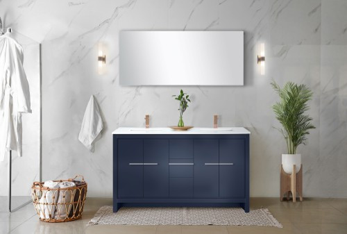 Lexora - Lafarre 60" W x 20" D Navy Blue Double Bath Vanity, Cultured Marble Top and Rose Gold Faucet Set - LVLF60DNB304