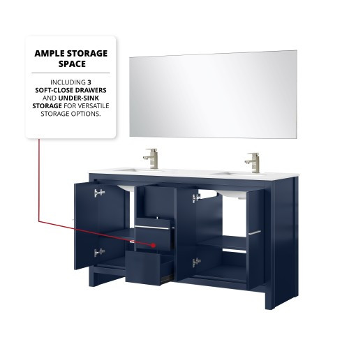 Lexora - Lafarre 60" W x 20" D Navy Blue Double Bath Vanity, White Quartz Top, Brushed Nickel Faucet Set and 55 in Mirror - LVLF60DNB212
