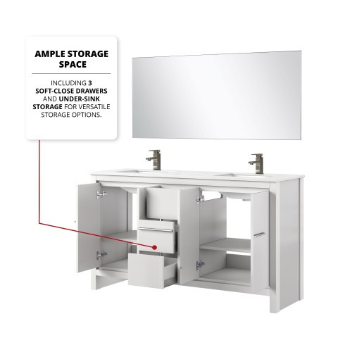 Lexora - Lafarre 60" W x 20" D White Double Bath Vanity, Cultured Marble Top, Chrome Faucet Set and 55 in Mirror - LVLF60DW313