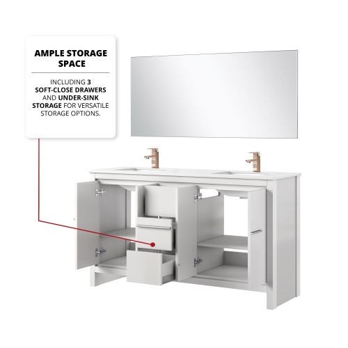 Lexora - Lafarre 60" W x 20" D White Double Bath Vanity, Cultured Marble Top, Rose Gold Faucet Set and 55 in Mirror - LVLF60DW314