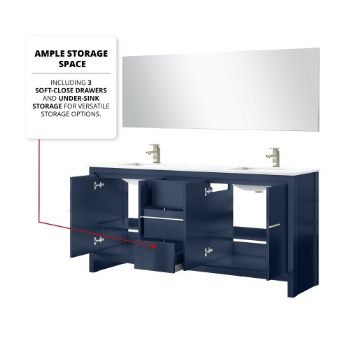 Lexora - Lafarre 72" W x 20" D Navy Blue Double Bath Vanity, White Quartz Top, Brushed Nickel Faucet Set and 70 in Mirror - LVLF72DNB212