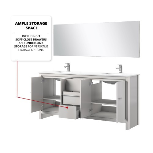 Lexora - Lafarre 72" W x 20" D White Double Bath Vanity, Cultured Marble Top, Gun Metal Faucet Set and 70 in Mirror - LVLF72DW311