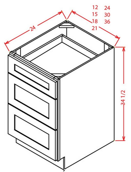 U.S. Cabinet Depot - Shaker Cinder - 3 Drawer Base Cabinet - SC-3DB21