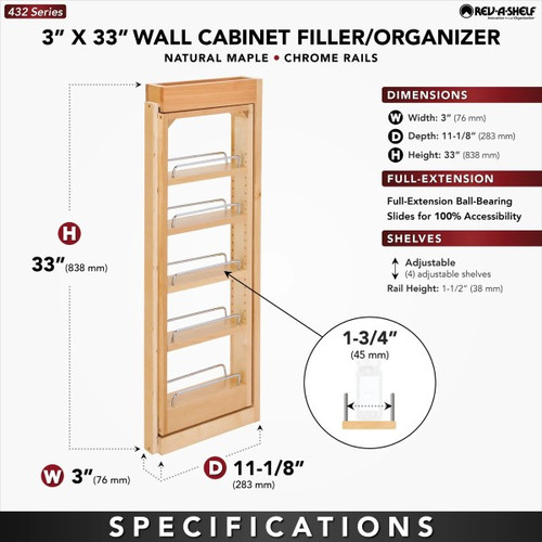 Rev-A-Shelf - 432-WF33-3C - 3" W x 33" H Pullout Between Cabinet Wall Filler