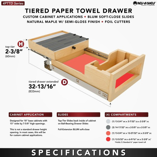 Rev-A-Shelf - 4PTTD-18HSC-1 - Natural Maple Paper Towel and Foil Wrap Tiered Drawer System w/ BLUM Soft-Close Slides for 18" Base Cabinets
