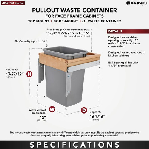 Rev-A-Shelf - 4WCTM-1816DM-1 - Single 35 qt. Pullout Top Mount Wood and Silver Waste Container for 15" W x 18" D 1-1/2" Face Frame Cabinet