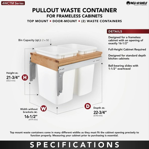 Rev-A-Shelf - 4WCTM-1850DM2-419-FL - Double 50 qt. Pullout Top Mount Wood and White Waste Container for Full-Access Cabinet