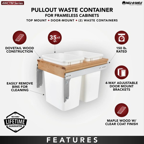 Rev-A-Shelf - 4WCTM-18DM2-419-FL - Double 35 qt. Pullout Top Mount Wood and White Waste Container for Full-Access Cabinet