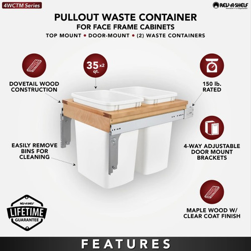 Rev-A-Shelf - 4WCTM-21DM2-162 - Double 35 qt. 17-3/4" Wide Pullout Top Mount Wood and White Waste Container for 1-5/8" Face Frame Cabinet