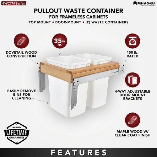 Rev-A-Shelf - 4WCTM-21DM2-495-FL - Double 35 qt. Pullout Top Mount Wood and White Waste Container for Full-Access Cabinet