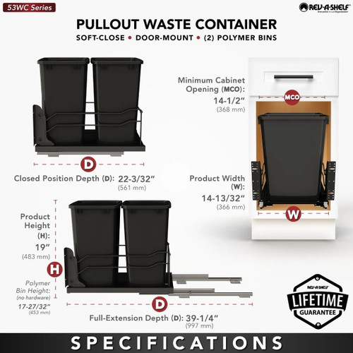 Rev-A-Shelf - 53WC-1835SCDM-218 - Steel Double Black 35 Qt. Bottom Mount Pullout Waste Container w/ Soft-Close for 18" Base Cabinets
