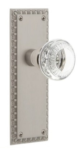 Nostalgic Warehouse - Neoclassical Plate Passage with Crystal Neoclassical Knob in Satin Nickel - 746259 - 2 3/4" Backset